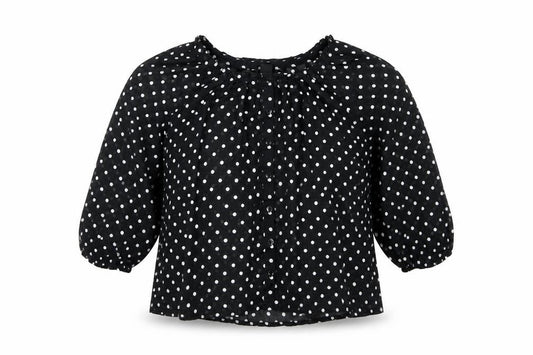 Front view of H&M women’s black polka dot polyester basic button-up, size UK 6, scoop neck