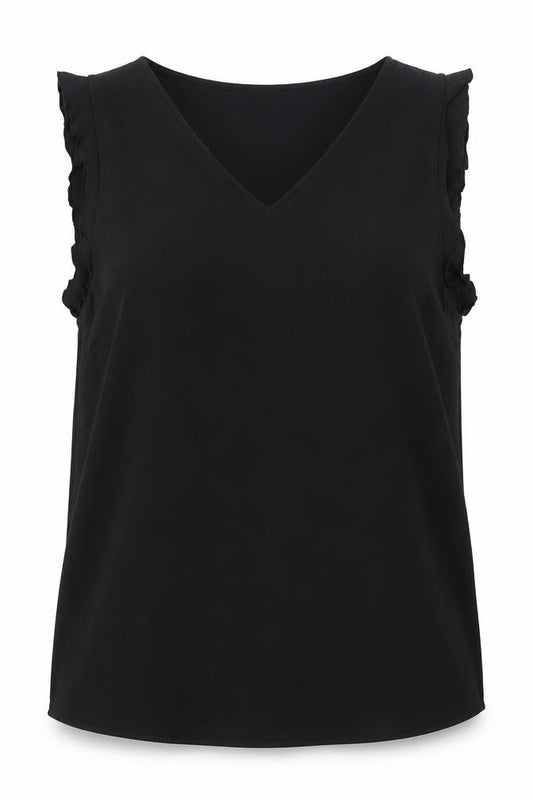 Front view of H&M women’s black polyester basic blouse, size UK 6, v-neck
