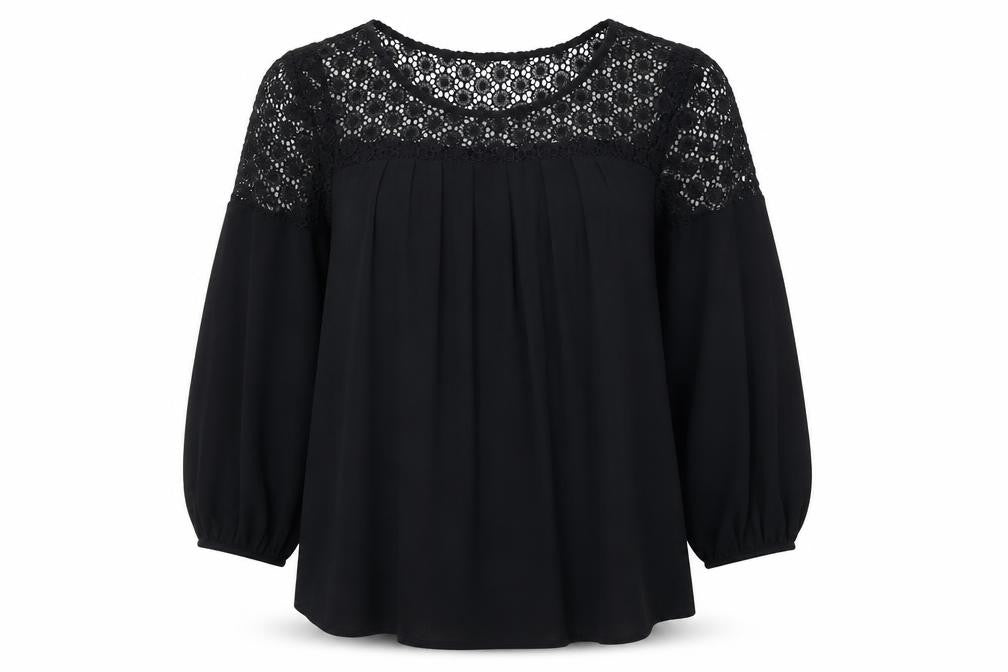 Front view of Limited Edition women’s black polyester basic blouse, size UK 10, scoop neck - lace detail