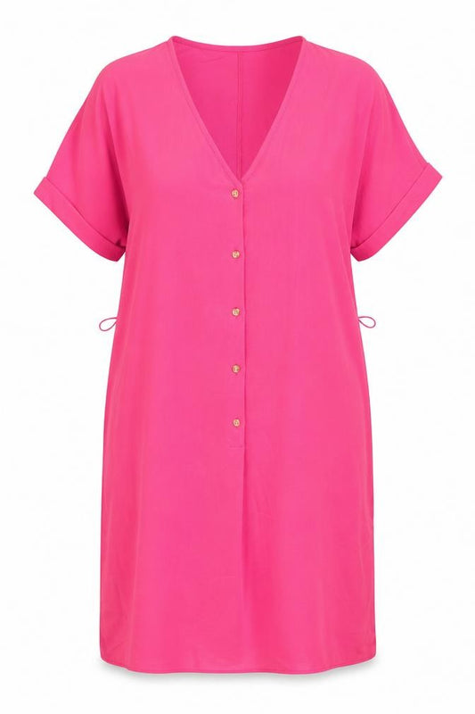 Front view of Wallis women’s pink polyester shift, size UK 10, v-neck button
