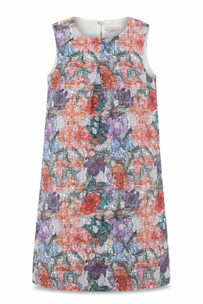 Front view of H&M women’s multicoloured floral polyester shift, size UK 8, round neck snap