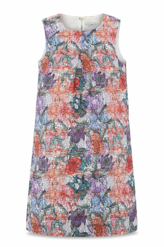 Front view of H&M women’s multicoloured floral polyester shift, size UK 8, round neck snap
