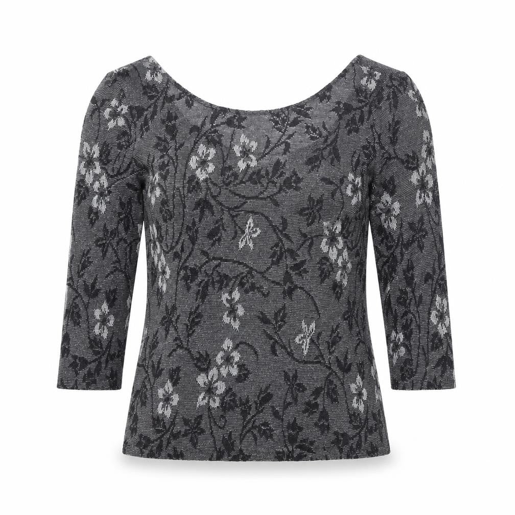 Front view of Oasis women’s grey floral acrylic basic t-shirt, size M, round neck