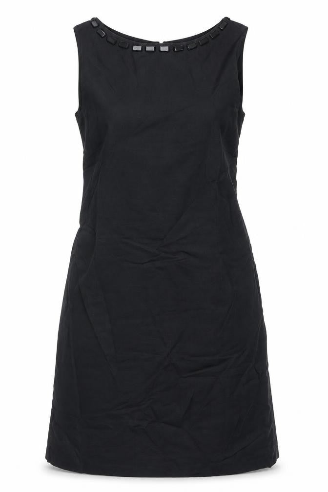 Front view of Zara women’s black polyester shift, size M, boat neck zip