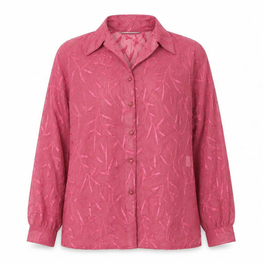 Front view of The Pearl Collection women’s pink geometric polyester basic button-up, size UK 12, v-neck