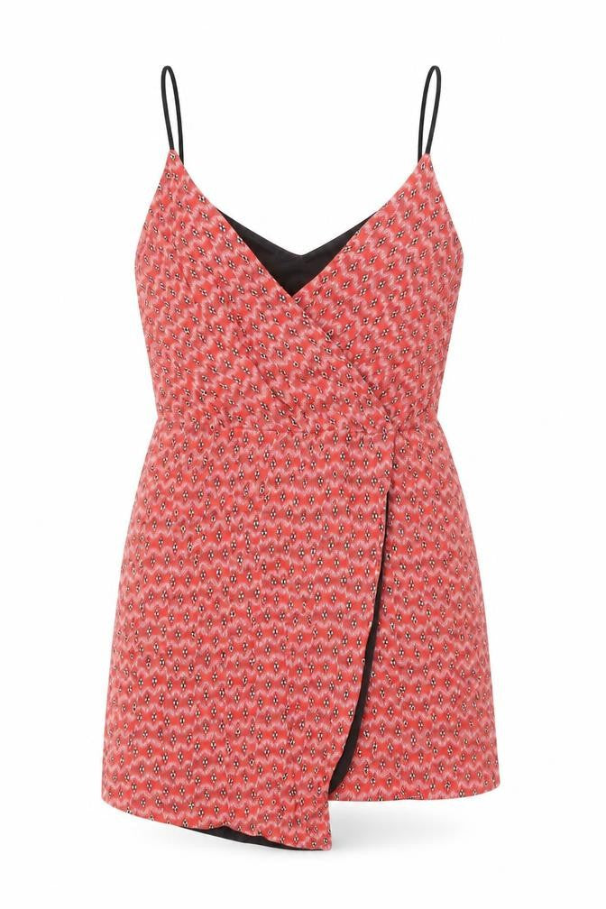 Front view of Trafaluc women’s red geometric viscose mini, size XS, v-neck pullover