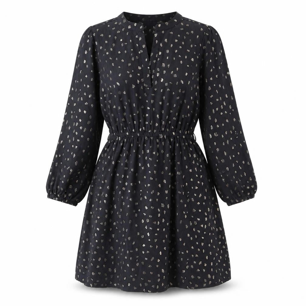 Yumi Womens Black Geometric Polyester Shirt Dress Size 6 V-Neck Pullover