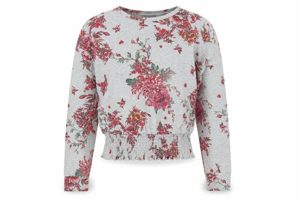 Front view of Marks & Spencer women’s grey floral elastane pullover sweatshirt, size UK 12, pullover