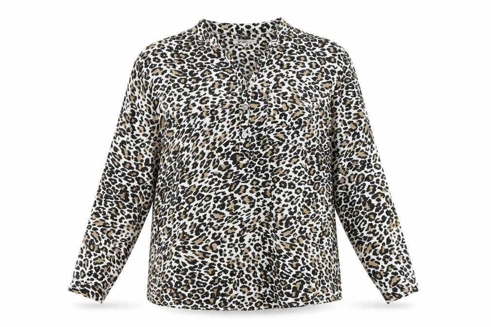 Front view of Alexara women’s brown animal print viscose basic blouse, size L, v-neck - leopard print