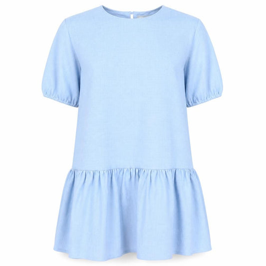 Front view of ASOS women’s blue polyester a-line, size UK 10, round neck button
