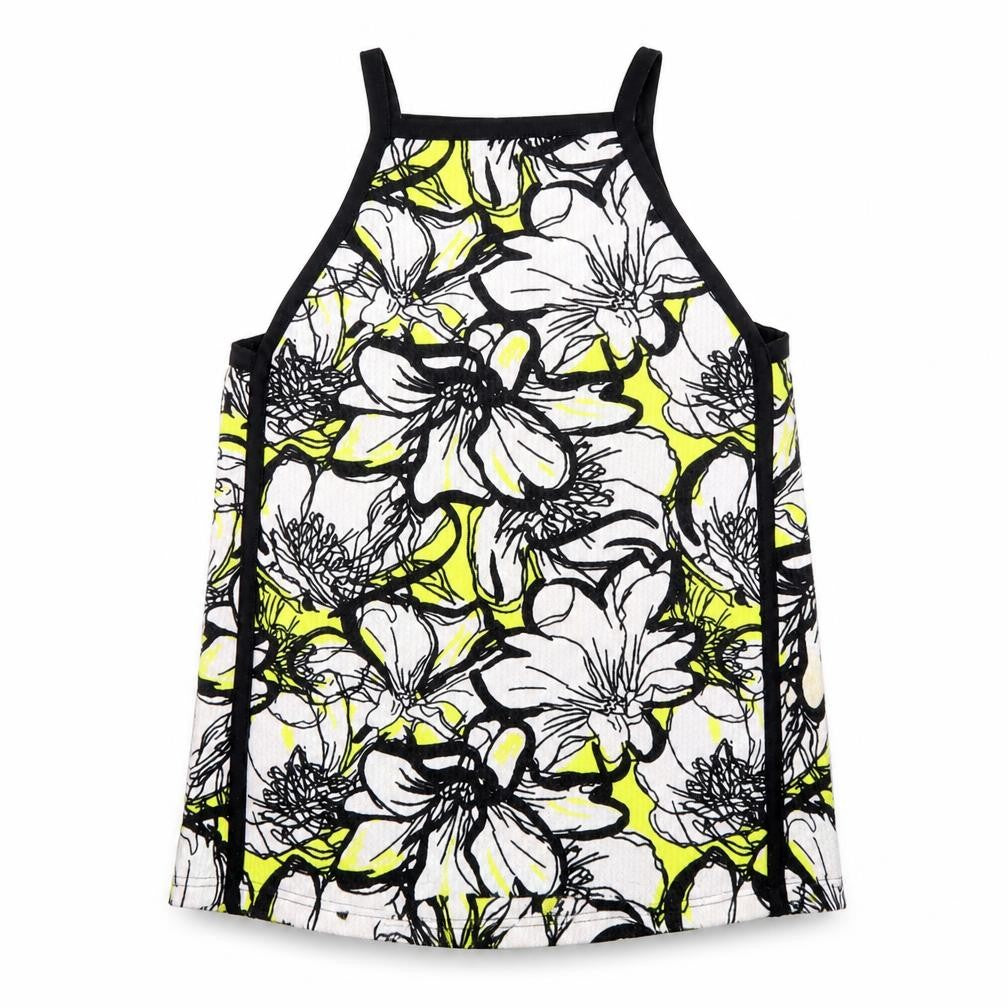 Front view of River Island women’s black floral polyester basic tank, size UK 14, square neck