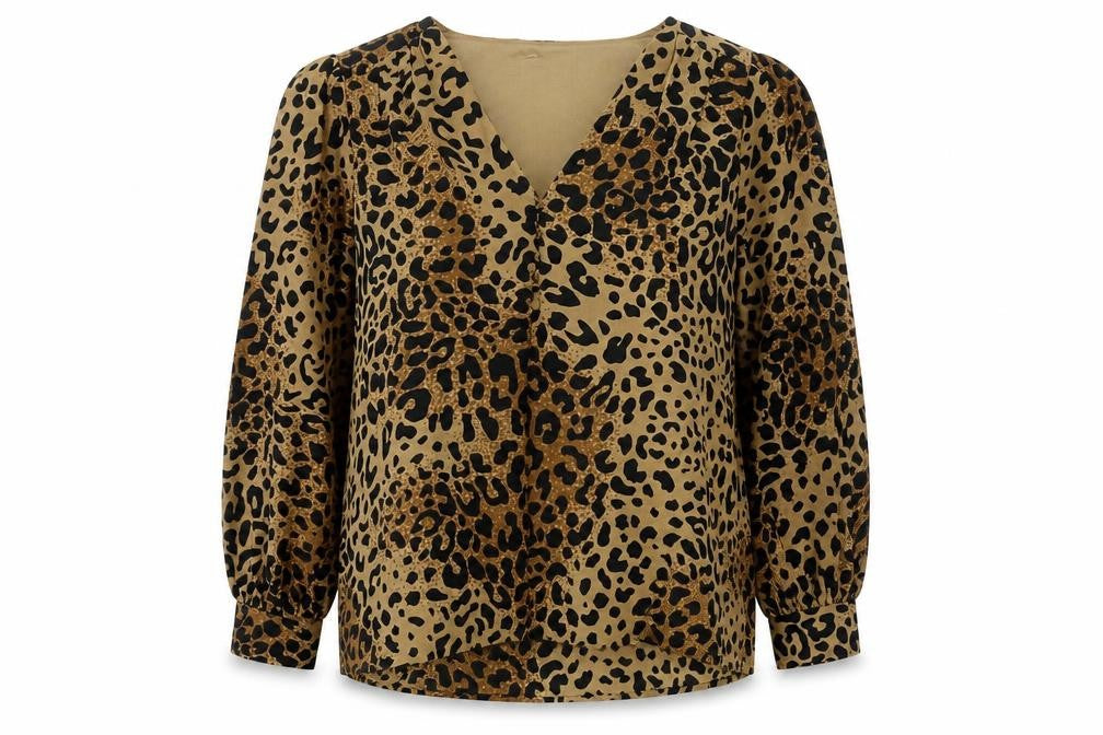 Front view of VILA women’s brown animal print polyester basic t-shirt, size UK 14, v-neck - leopard print