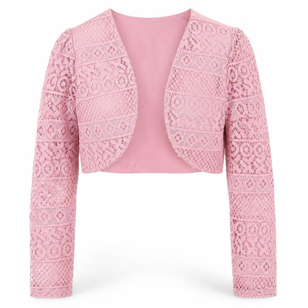 Front view of Fiona & Co women’s pink jacket, size UK 14, - lace detail