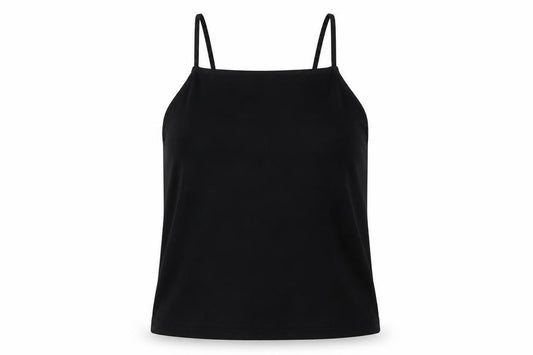 Front view of Missguided women’s black polyester basic tank, size UK 6, square neck