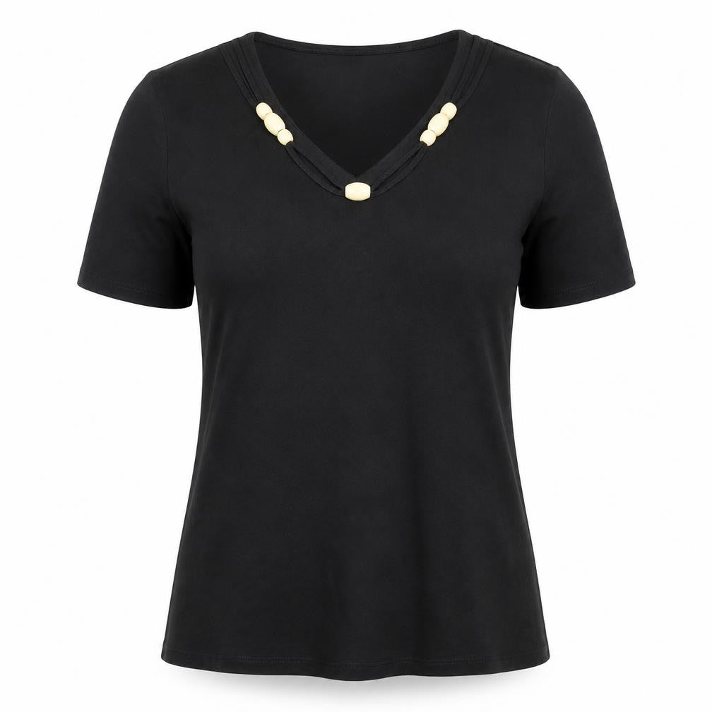 Front view of GG women’s black viscose basic t-shirt, size M, v-neck