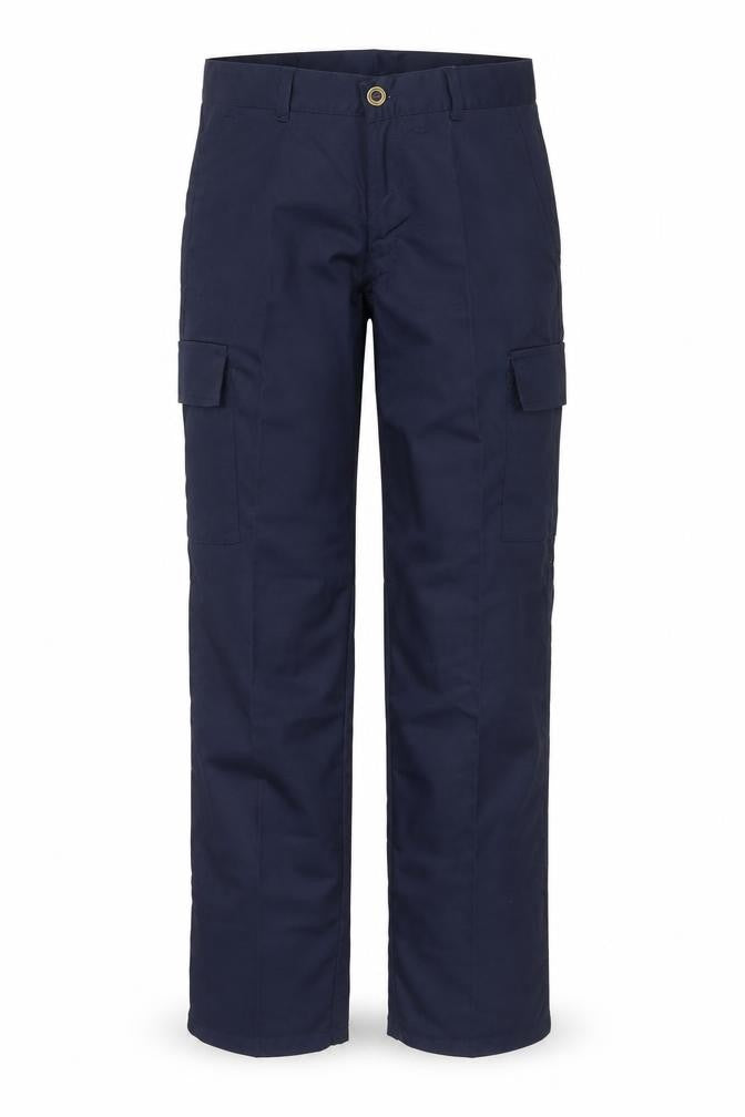 Front view of Uneek women’s blue polyester carpenter trousers, size UK 8, regular zip
