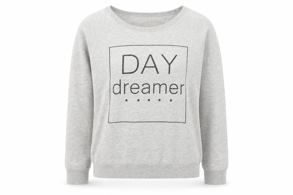 Front view of Atmosphere women’s grey polyester pullover sweatshirt, size UK 12, pullover - day dreamer