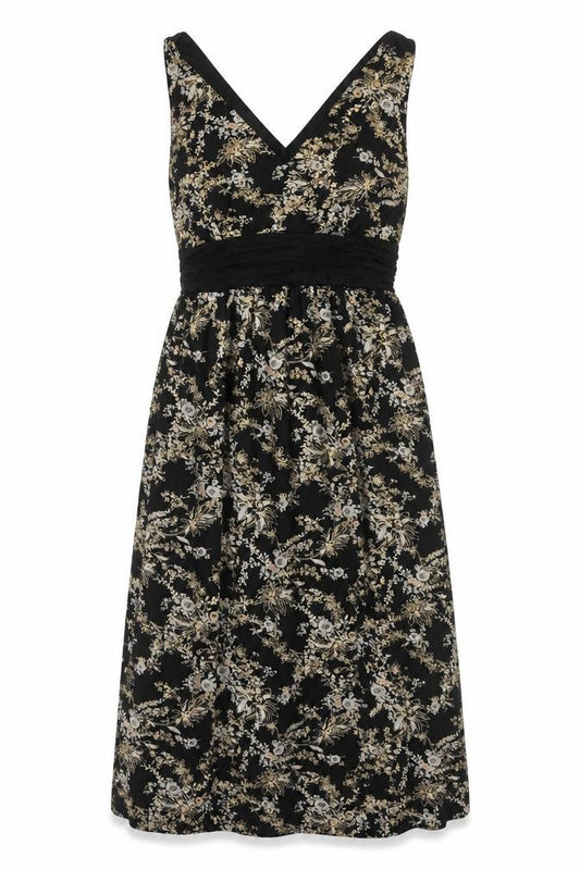 Front view of Body Heat women’s black floral polyester a-line, size UK 6, v-neck pullover