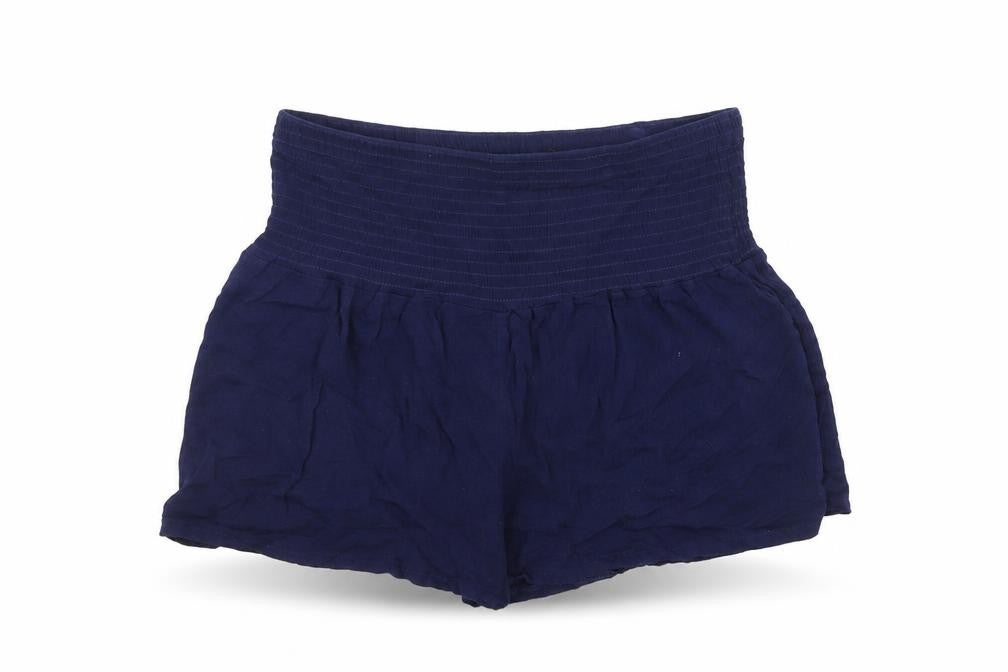 Front view of SHEIN women’s blue viscose sweat shorts, size S, regular pull on