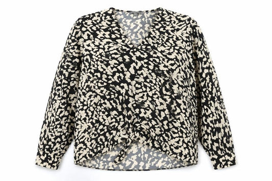 Front view of Primark women’s beige geometric polyester basic blouse, size UK 12, v-neck