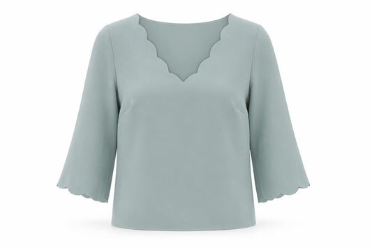 Front view of H&M women’s blue polyester basic blouse, size UK 8, v-neck - scallop trim