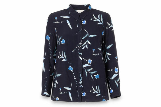 Front view of ELVI women’s blue floral polyester basic button-up, size UK 20, collared