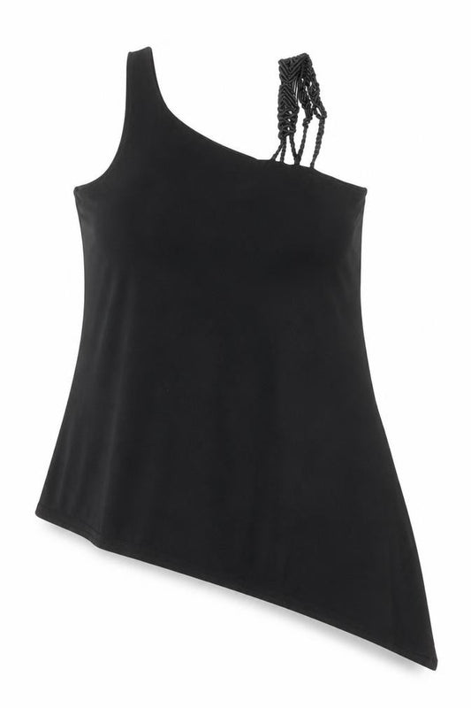 Front view of Debenhams women’s black polyester basic tank, size UK 10, square neck