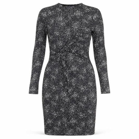 Front view of Marks & Spencer women’s black animal print viscose bodycon, size UK 12, round neck pullover