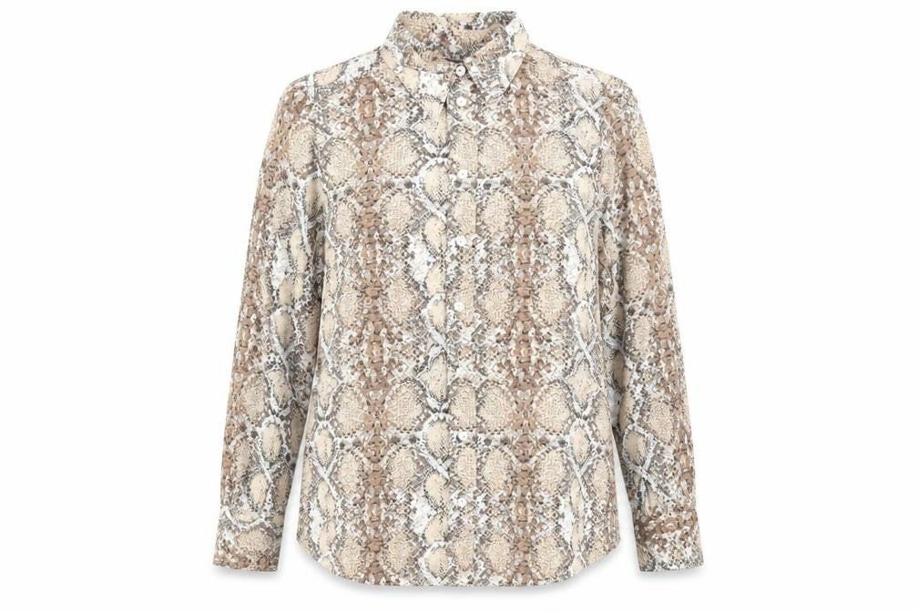 Front view of Marks & Spencer women’s brown animal print polyester basic button-up, size UK 14, collared - snake skin print