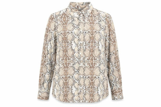 Front view of Marks & Spencer women’s brown animal print polyester basic button-up, size UK 14, collared - snake skin print