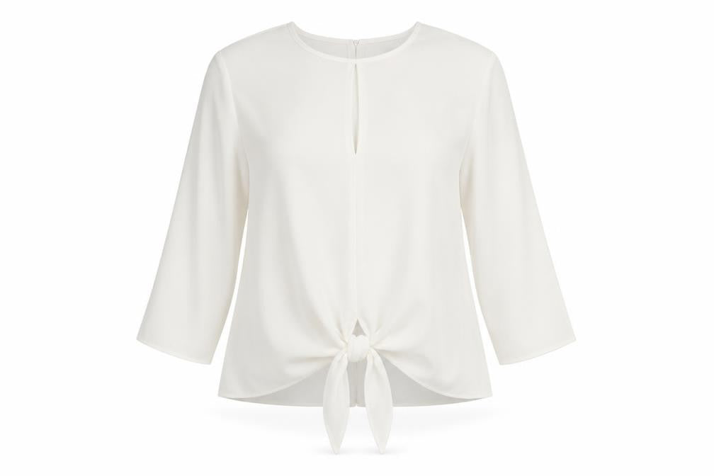 Front view of River Island women’s white polyester basic blouse, size UK 8, round neck - tie front detail