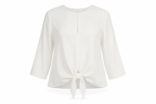 Front view of River Island women’s white polyester basic blouse, size UK 8, round neck - tie front detail