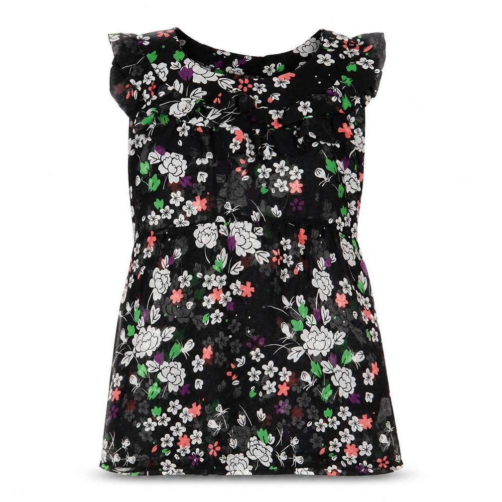 Front view of Topshop women’s black floral polyester basic blouse, size UK 12, boat neck - peplum