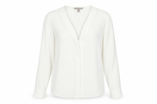 Front view of H&M women’s white polyester basic button-up, size UK 6, v-neck