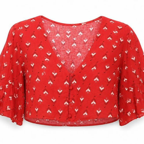 Miss Selfridge Womens Red Geometric Viscose Cropped Button-Up Size 6 V-Neck