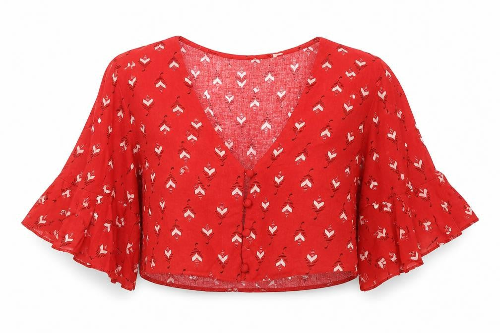 Miss Selfridge Womens Red Geometric Viscose Cropped Button-Up Size 6 V-Neck