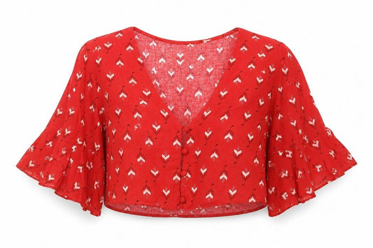 Front view of Miss Selfridge women’s red geometric viscose cropped button-up, size UK 6, v-neck