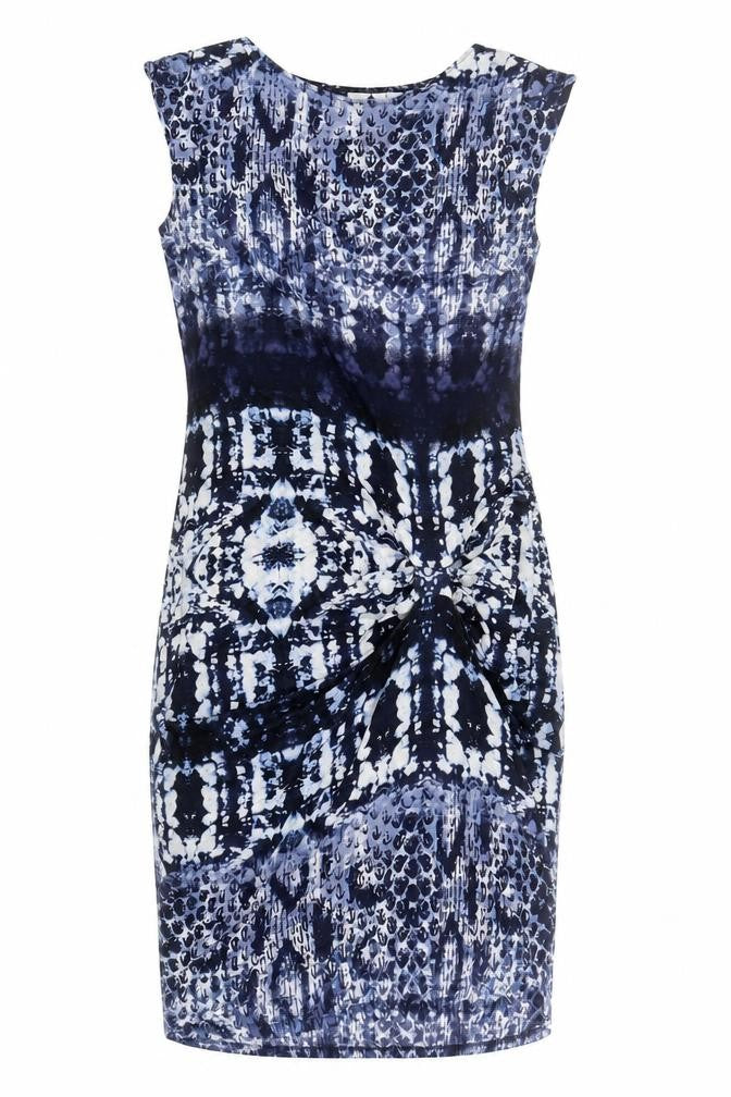 Front view of Marks & Spencer women’s blue geometric viscose shift, size UK 10, boat neck pullover