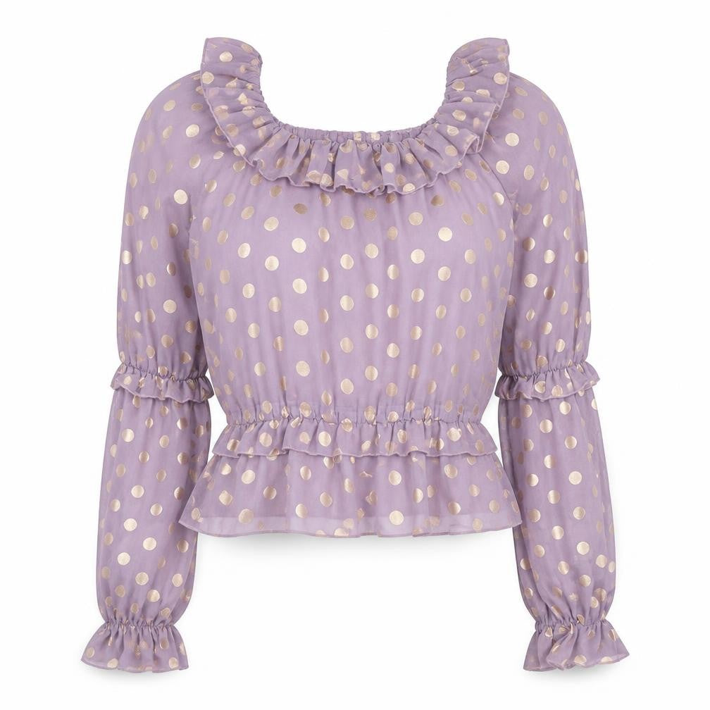 Front view of Fashion Union women’s purple polka dot polyester basic blouse, size UK 12, round neck