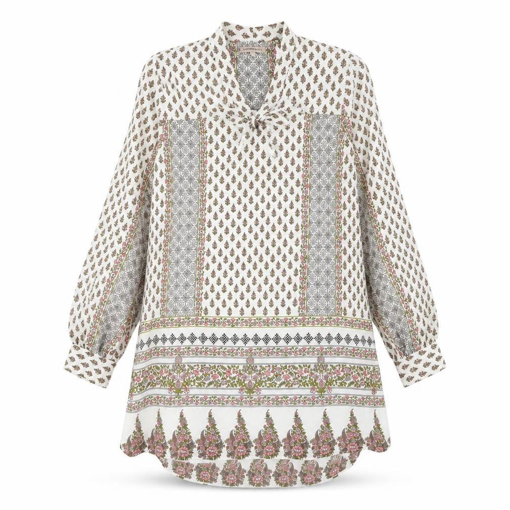 Front view of Marks & Spencer women’s white geometric polyester kaftan, size UK 8, v-neck tie