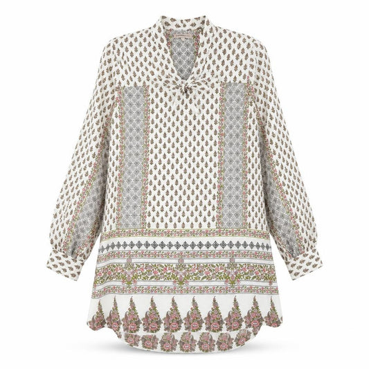Front view of Marks & Spencer women’s white geometric polyester kaftan, size UK 8, v-neck tie