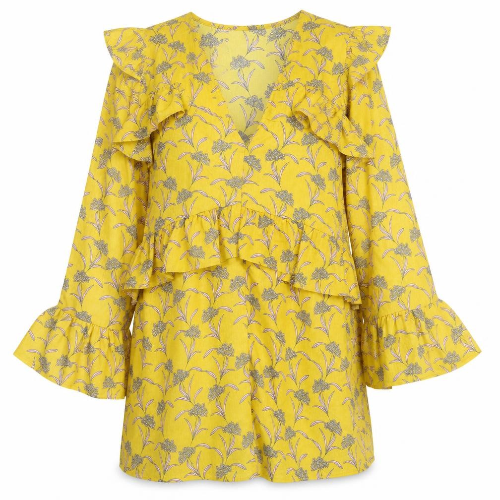 Front view of PRETTYLITTLETHING women’s yellow floral polyester mini, size UK 6, v-neck pullover
