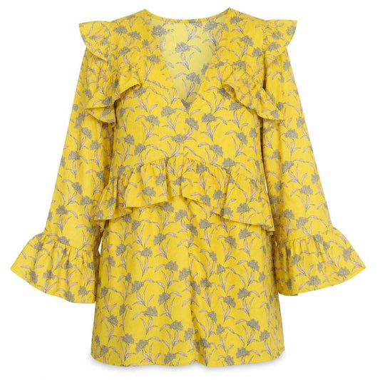 Front view of PRETTYLITTLETHING women’s yellow floral polyester mini, size UK 6, v-neck pullover