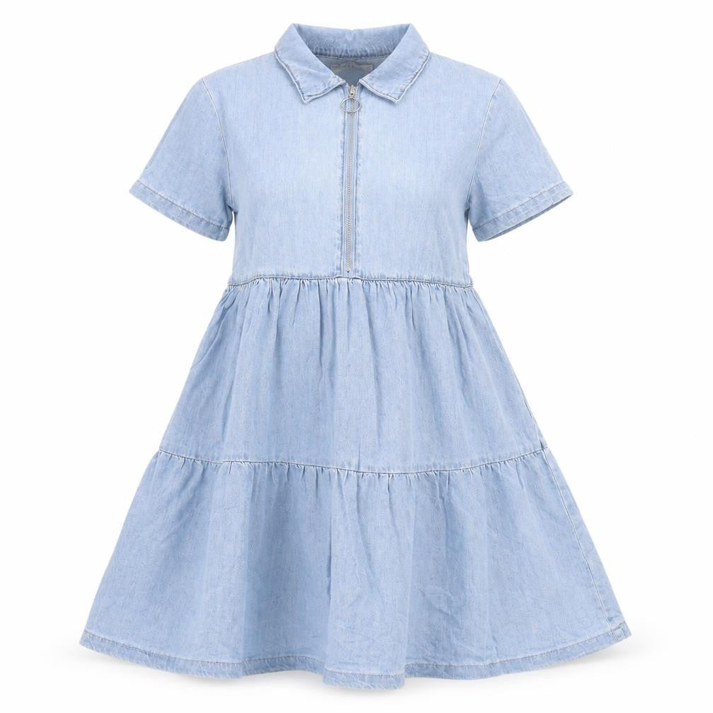 Denim & Co. Womens Blue Cotton Fit & Flare Size 6 Collared Zip - Tiered