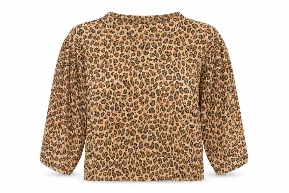 Front view of Zara women’s brown animal print polyester basic blouse, size S, round neck - leopard print