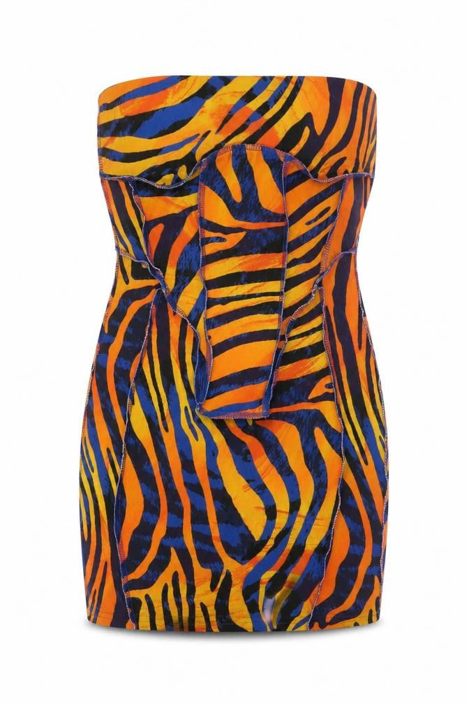 Front view of PRETTYLITTLETHING women’s orange animal print polyester bodycon, off the shoulder pullover - zebra print