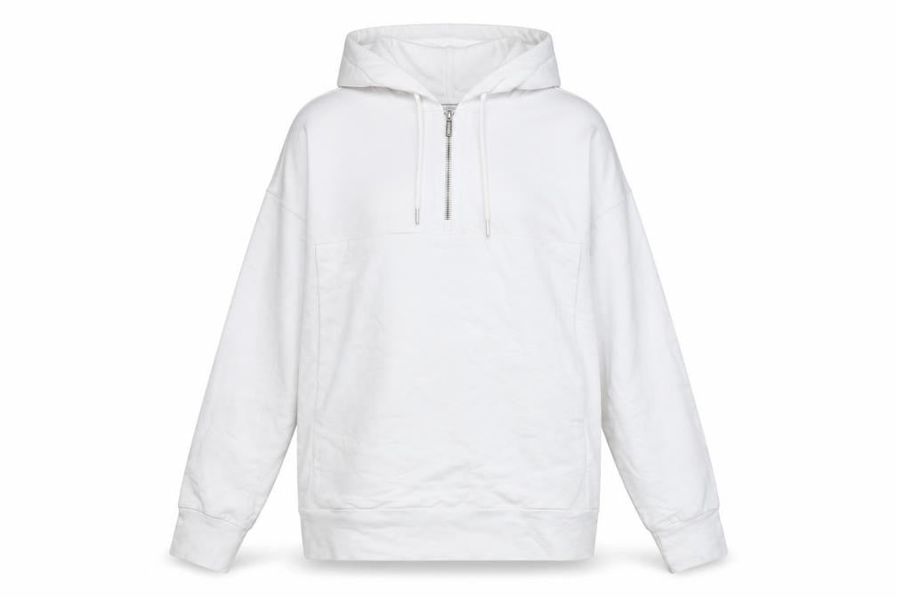 Front view of L'Couture women’s white cotton pullover hoodie, size XS, zip