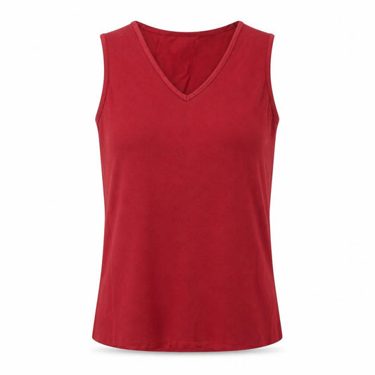 Front view of BHS women’s red viscose basic tank, size UK 10, v-neck