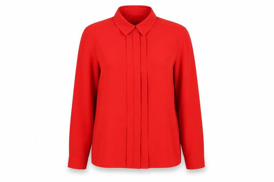 Front view of St Michael women’s red polyester basic button-up, size UK 12, v-neck