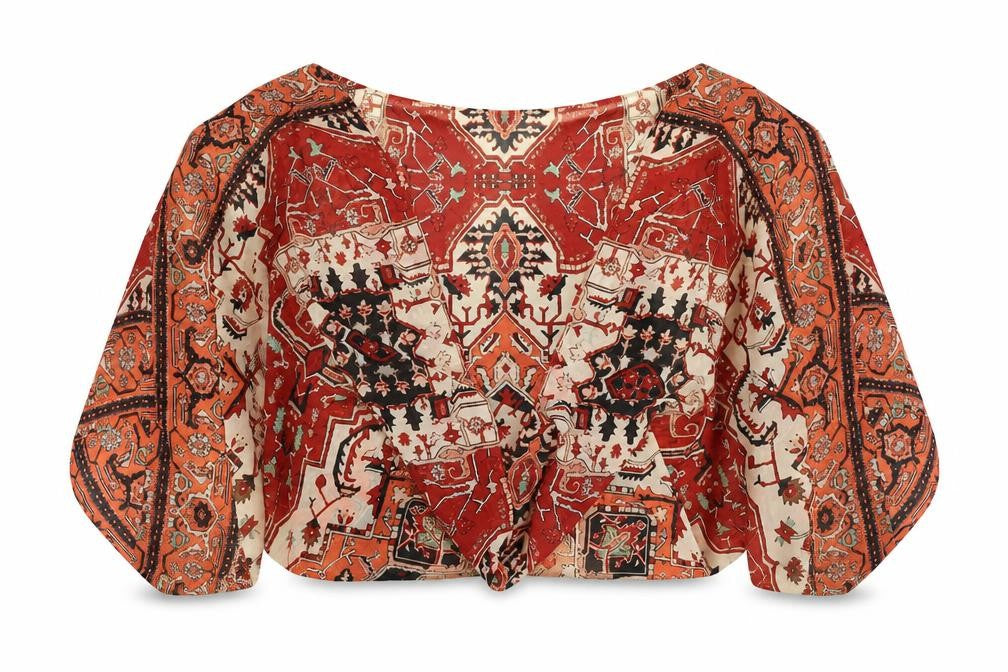 Front view of Warehouse women’s multicoloured geometric polyester cropped blouse one size v-neck